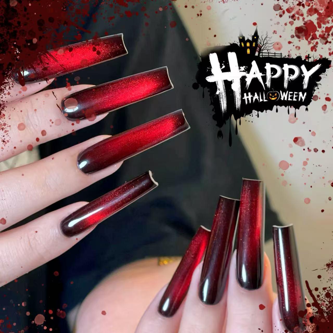 24pcs Red & Black Cat Eye Gradient Stiletto Nails with Glass Beads - Luxurious Autumn/Winter Nail Art.