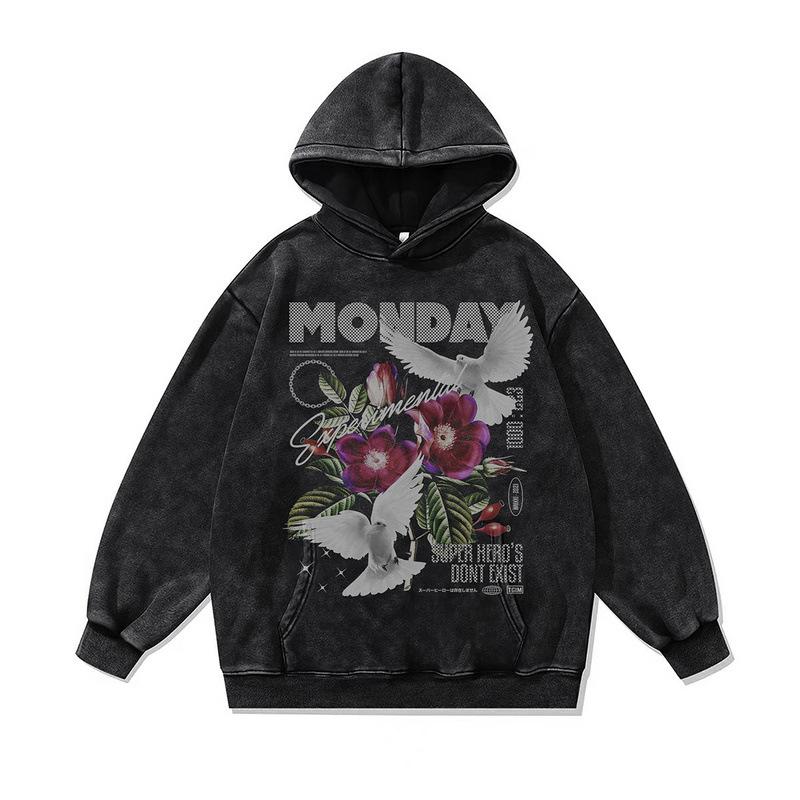 European And American Street Tide Brand Sweater Retro Trend Flower Printing Washed Old Large Version Hoodie Men And Women