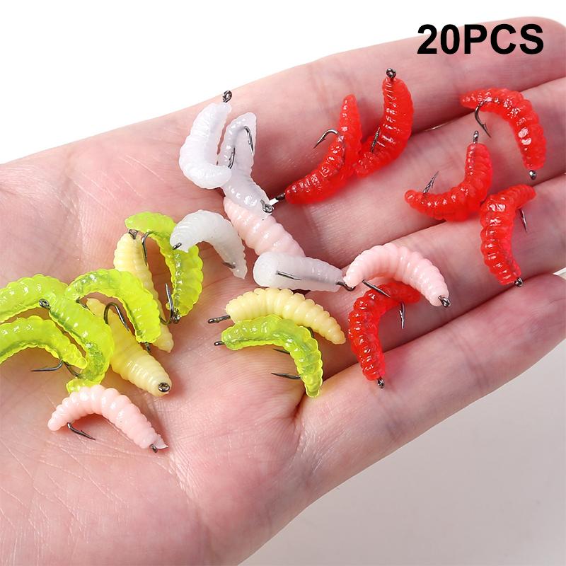 20Pcs Grub Lures Rubber Bread Worm Maggots Fishing Bait Set With Hooks For Bass Trout Crappie Bluegill Freshwater Fishing Parts