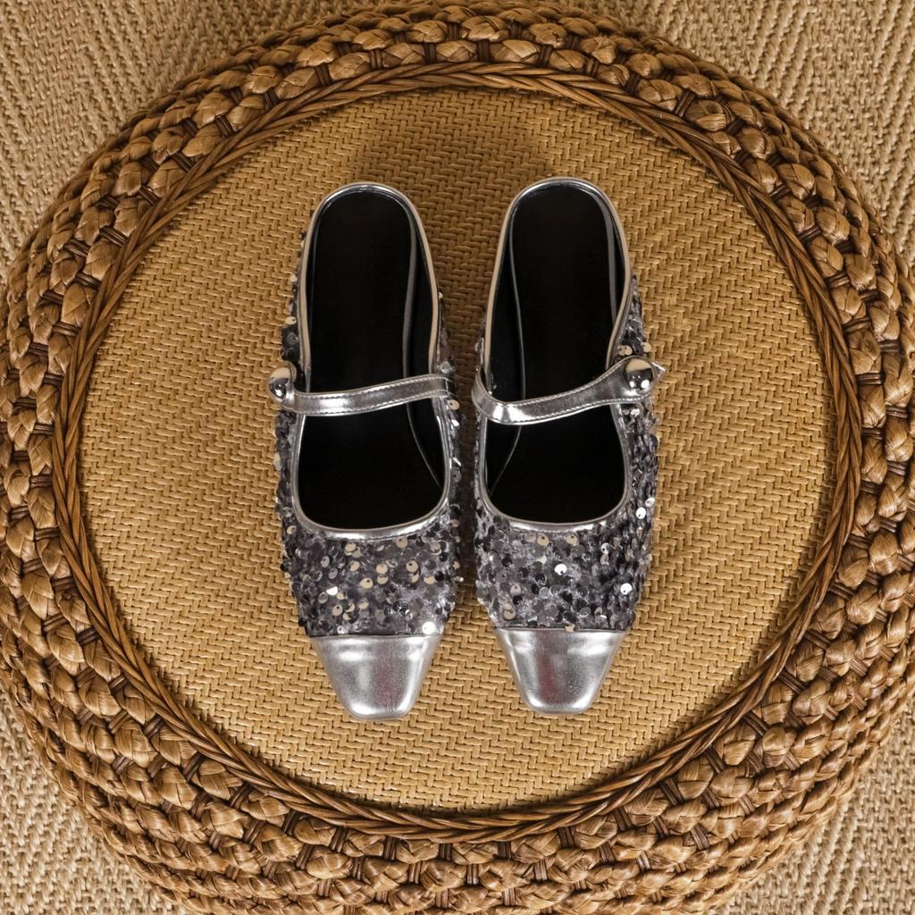 Grape Mother Autumn New Fashion Sparkling Sequins Single Shoes Women's Fashion Wear Comfortable Half To Muller Single Shoes Women