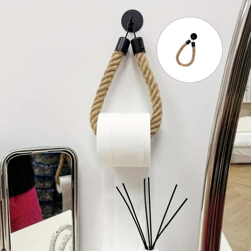 Bathroom Tissue Holder Wall Mounted Rope Toilet Paper Hanger with Metal and Rope Finish, 25 cm Rope Loop for Guest Bath and Small Space Storage