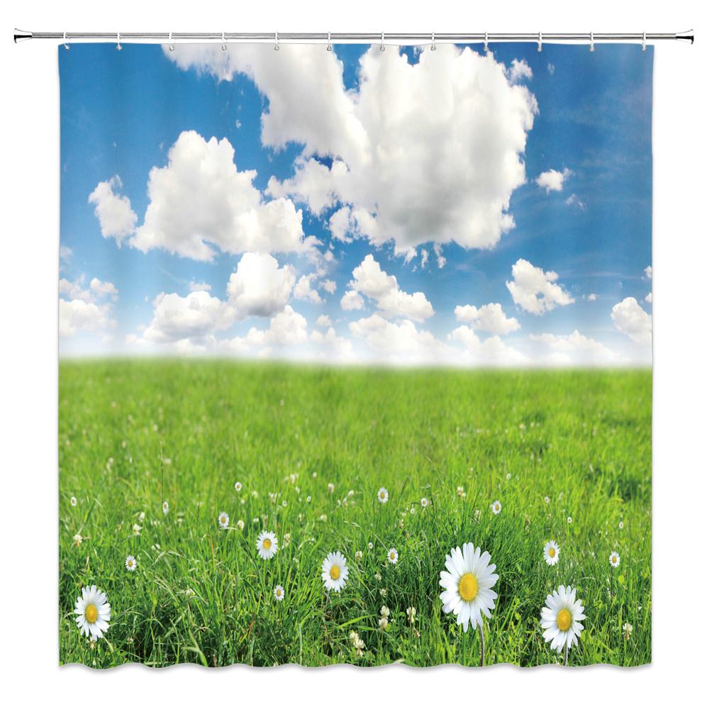 Natürliche Landschaft Duschvorhänge Wasserfall Grüne Wiese Blume Frühling Landschaft Badezimmer Dekor Wasserdichtes Stoffvorhang-Set