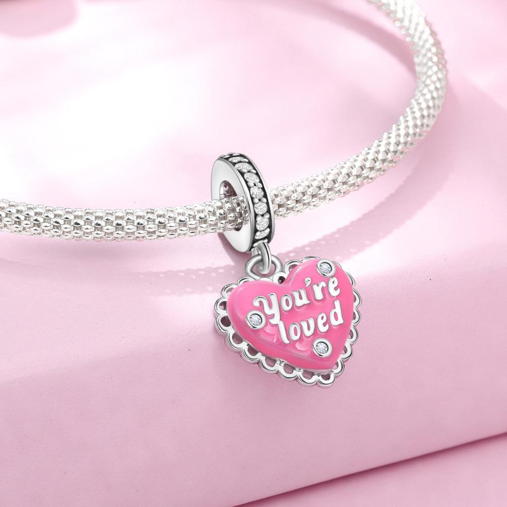 Copper Exquisite Pink Heart-Shaped Pendants Bracelet Charms Fit Women Jewelry Party Beads Diy Fine Gift Accessories