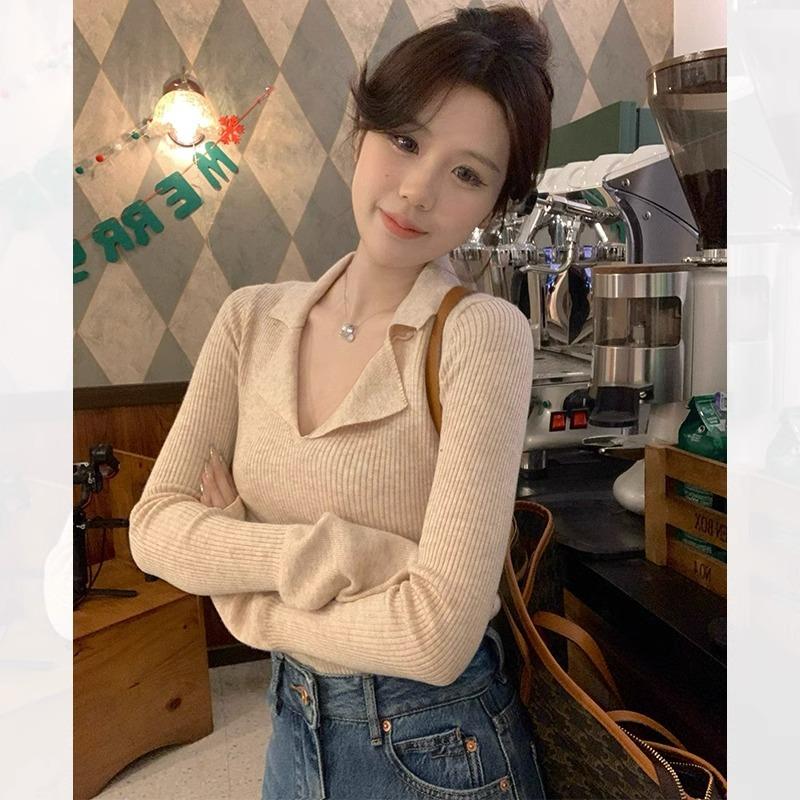 Flower Camel Collar Slim Fit Sweet and Spicy Bottoming Shirt Women's Autumn Polo Lapel Pit Strip Top Sweater