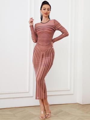 European & American Women's Sexy Mid-Length Round Neck Long Sleeve Print Mesh Dress