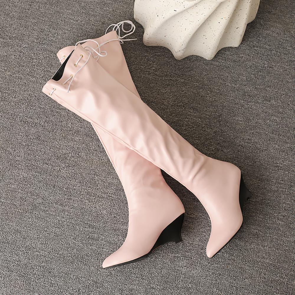 Różowo-brązowe damskie kozaki za kolano dziwne wysokie obcasy duży rozmiar 48