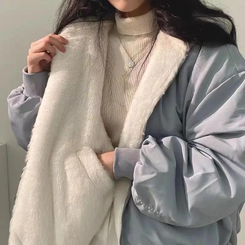 Winter Coat Female Plush Thick Jacket Women Coats Double-sided Lamb Wool Cotton Overcoat Korean Solid Loose Hooded Outerwears