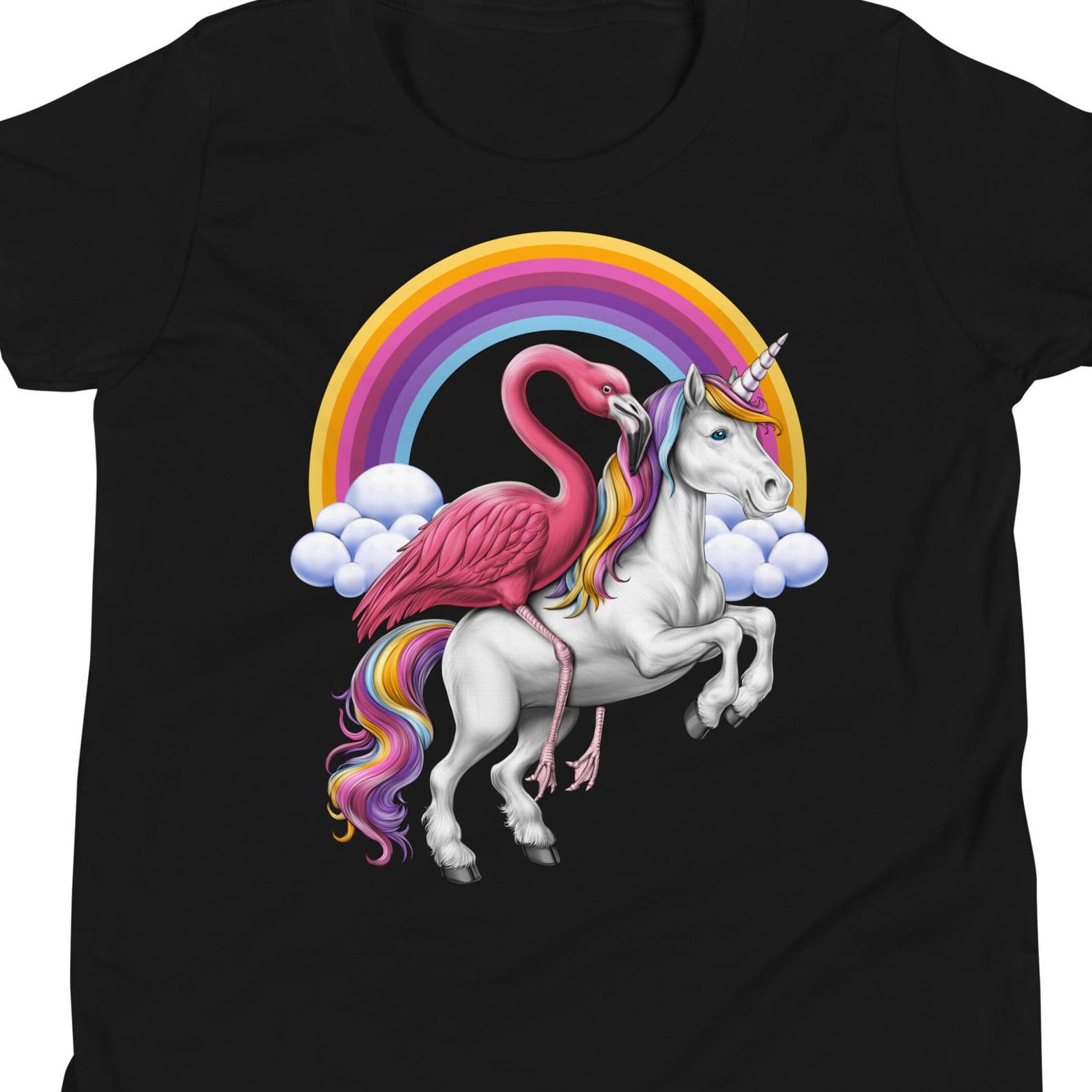 Flamingo Riding Unicorn T-Shirt, Magical Unicorn Rainbow Tee 140