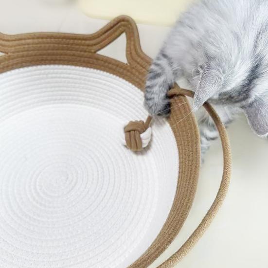 Handwoven Rope Cat Basket Cat Bed Basket with Rope Knot Ball Cat Ear Design Foldable Cat Bed for Indoor Cats Lounging Sleeping Entertainment