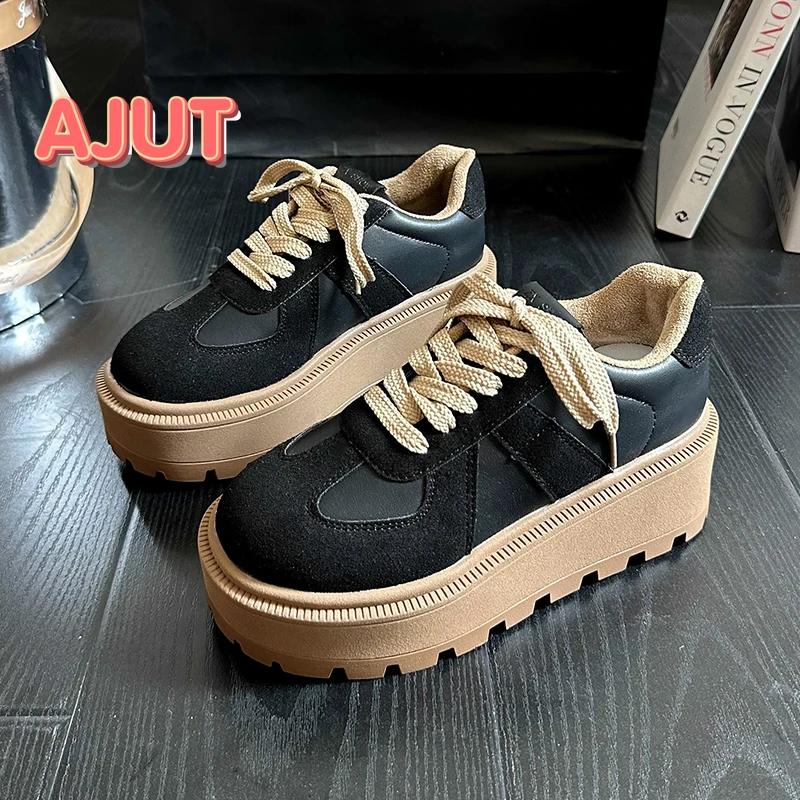 Móda 2024 Podzim Nové Boty na silné podrážce Jednoduché Dámské Kulatá špička Leopardí potisk Barevné sladění Šněrovací Vycházkové boty s nízkým svrškem