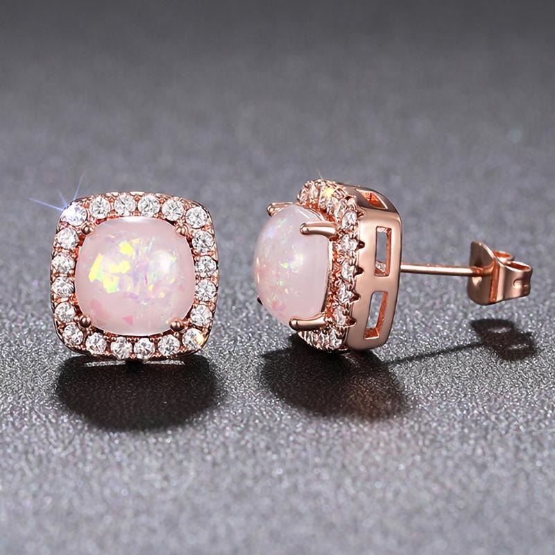 New Design Geometric Shaped Round Opal Silver/Rose Gold Plated Earrings for Fashion Party CZ Stud Earring for Women