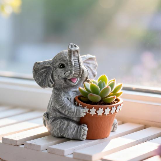 Cute Elephant Planter, Small Animal Flower Pot, Weatherproof Indoor Outdoor Cactus Air Plant Holder for Home Office Desktop Decor