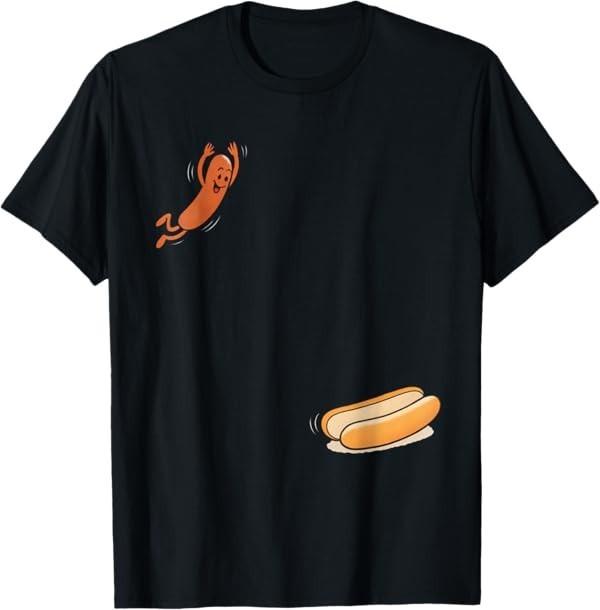 Camiseta Divertida de Perrito Caliente Saltando al Pan Salchicha Barbacoa Alto Clavado