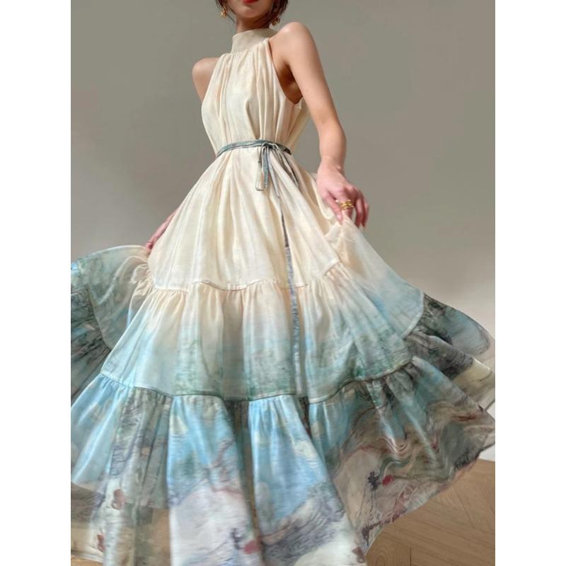 New Chinese Style Print Long Dresses for Women Summer Sleeveless Halter Loose A-line Evening Party Dress Prom Robe Vestidos