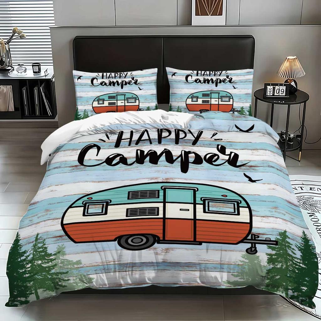 3-piece set,happy camper and forest pattern printed bedding set, queen, king, double bed, party  funny and creative bedding set