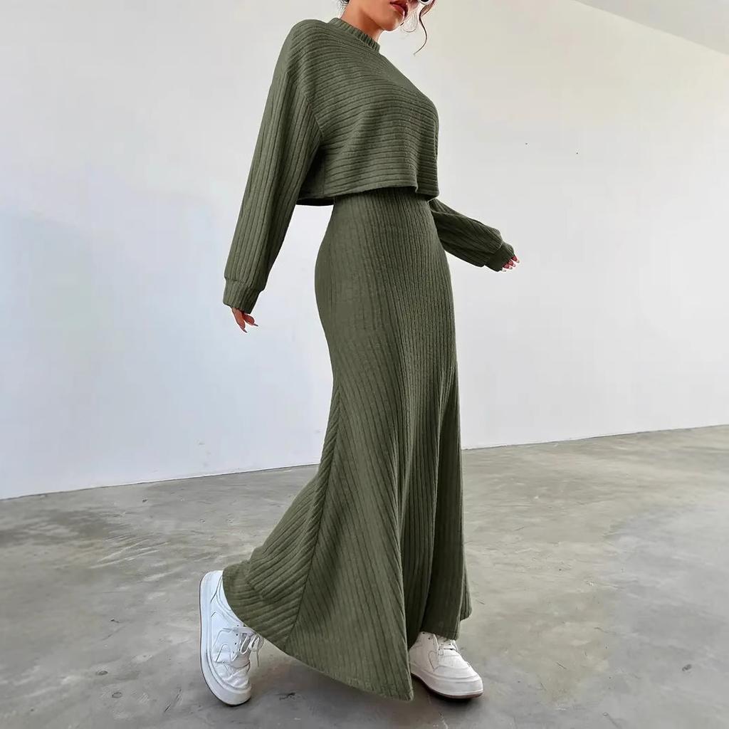 Rib Knit Crop Top And Maxi Skirt Set Two Piece Outfits Long Sleeve High Waist Plain Matching Sets