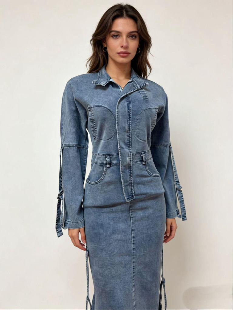 European and American Women's High Waist Unique Denim Maxi Dress
