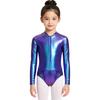 Kids Girls Zipper Metallic Leotard Long Sleeve Shiny Bodysuit for Jazz Dance Stage Performance Cosplay Theme Party Costume
