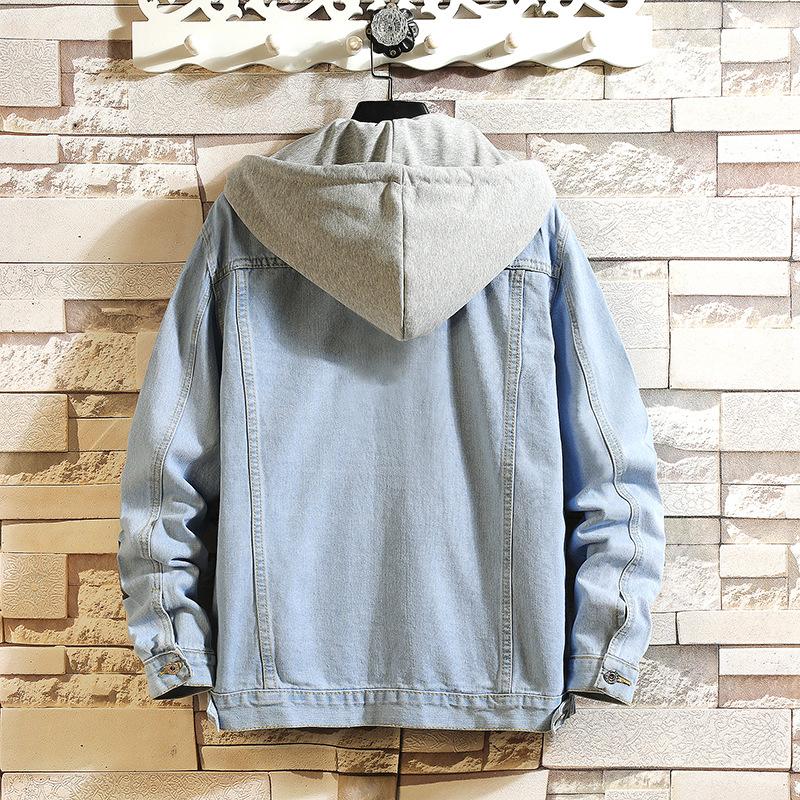 Niebieska kurtka dżinsowa męska z kapturem, casualowa, męska, dżinsowa, streetwear, jednolity kolor, kołnierzyk, dżinsowe płaszcze, kurtki męskie, kapelusz, odpinany
