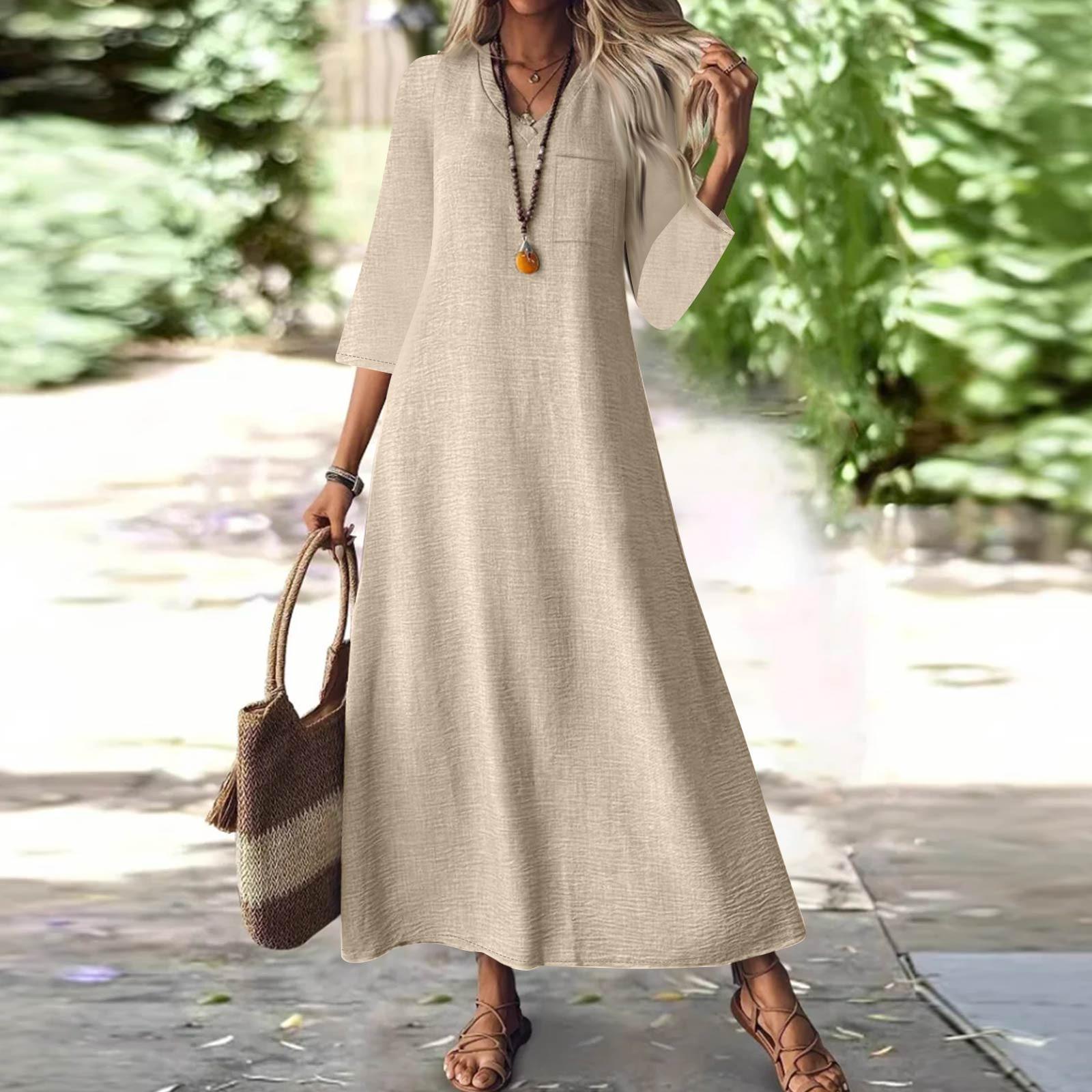 

Женская мода V-образный вырез рукав семь карман однотонный молния повседневный отпуск длинные хлопково-льняные платья L бежевый