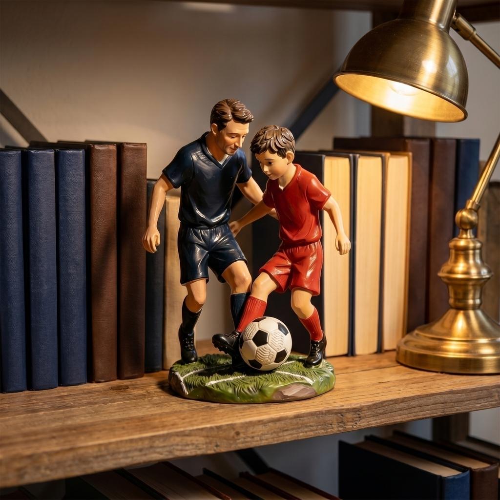 Resin Father and Son Playing Soccer Figurine Decorative Sports Sculpture for Home Office Display On Shelf or Desk