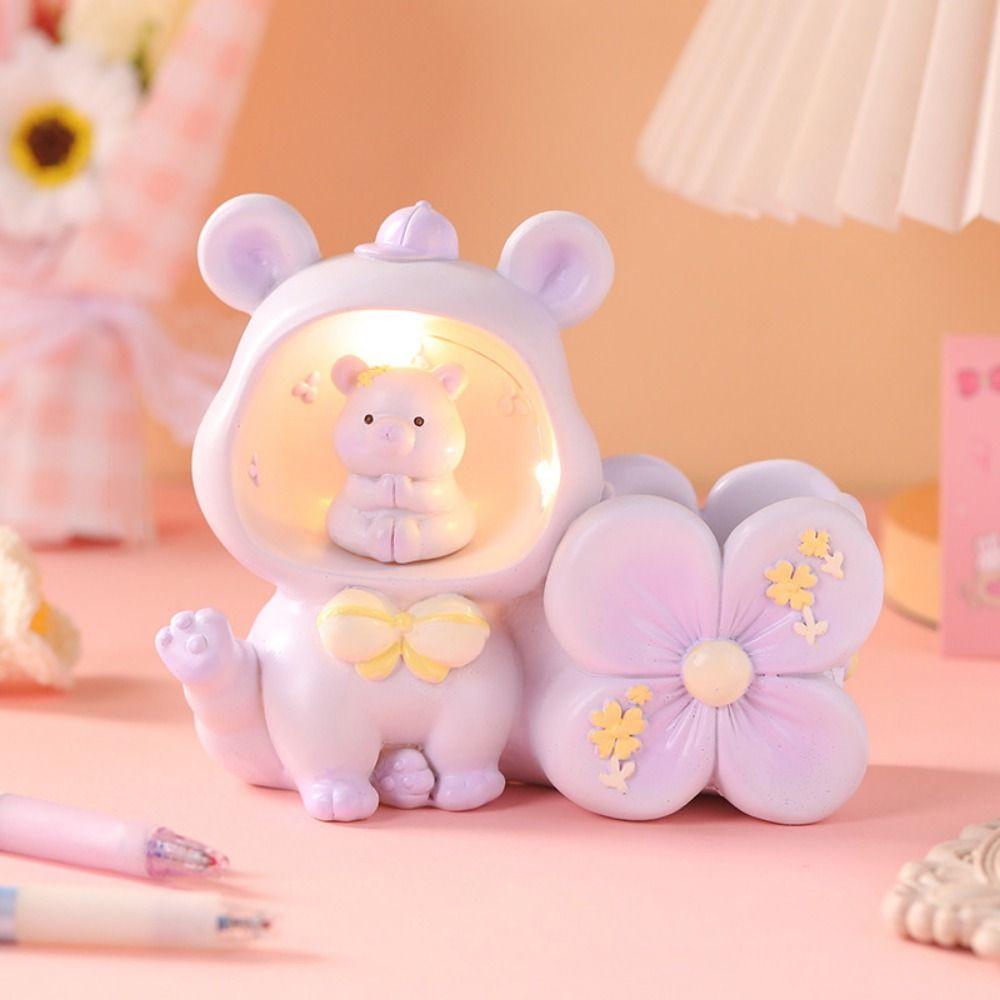 Little Bear/Pig LED Night Light Cartoon Makeup Brush Holder Astronaut Ornament Children's Gifts