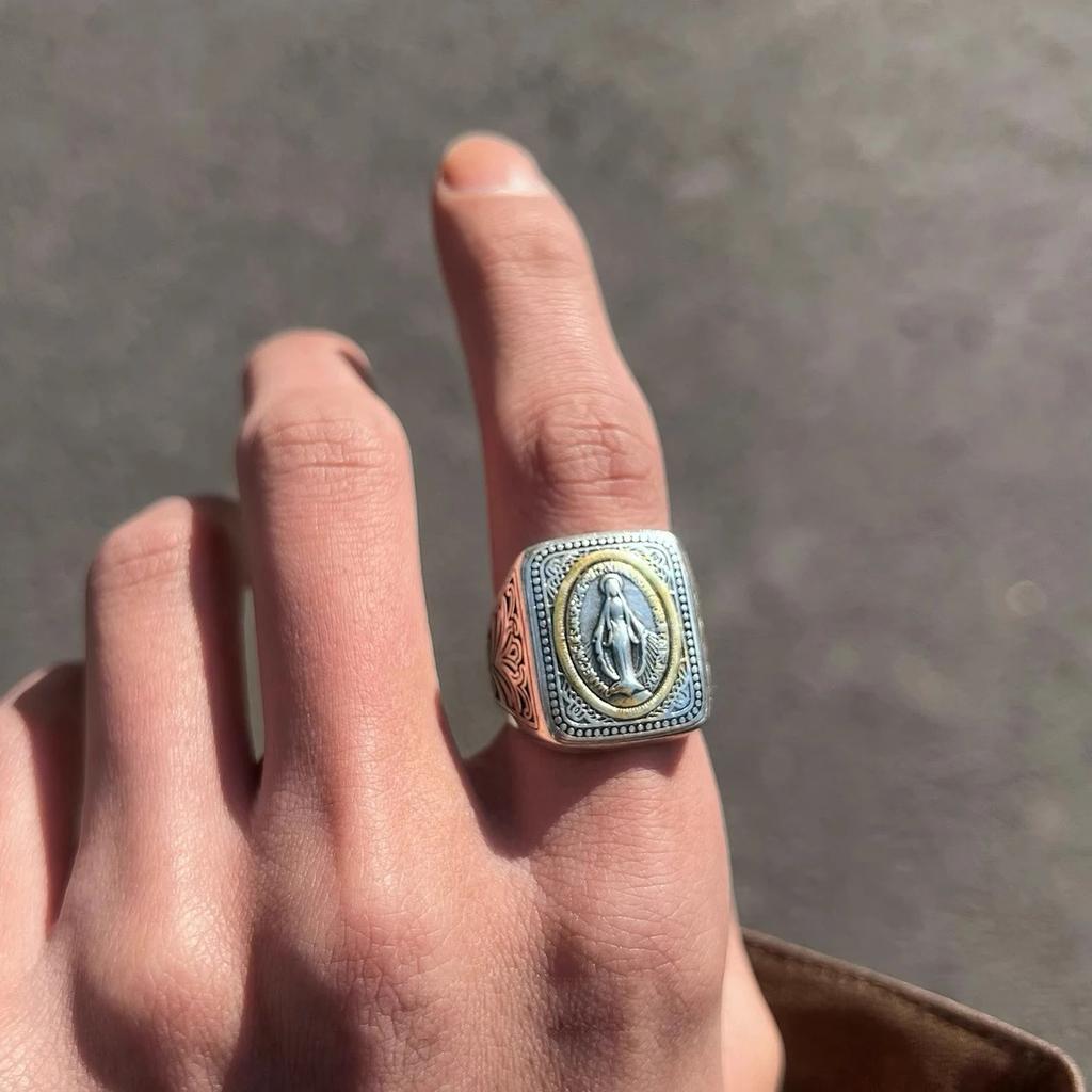 New Silver Color Literary Faith Original Design By Our Lady of Notre Dame Ring Niche Style Hip-hop Retro Men and Women Jewelry