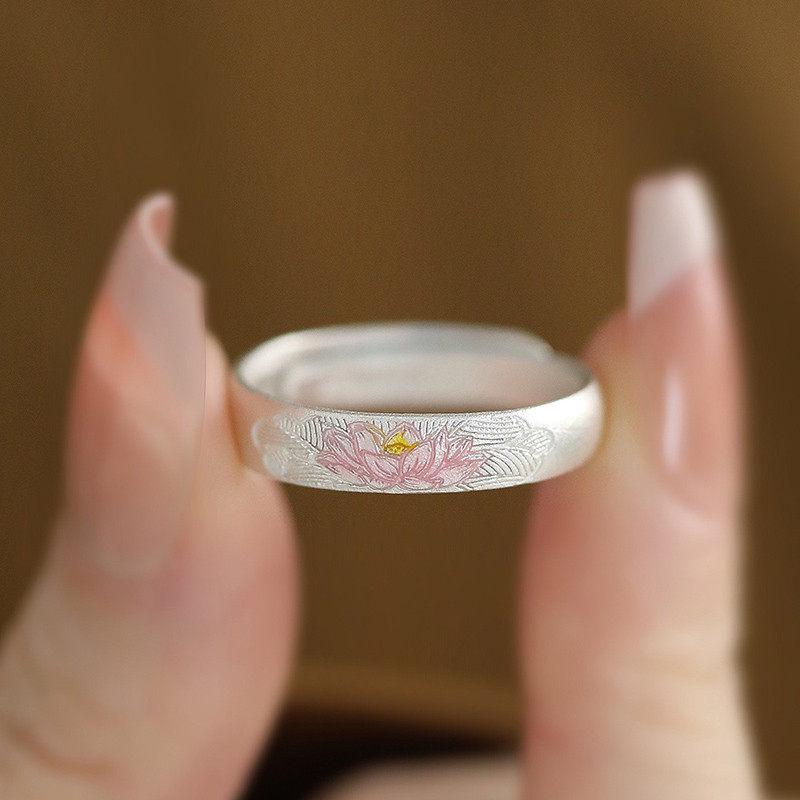 Chinese-Style Enamel Lotus Ring: Retro Artistic Gift for Girls