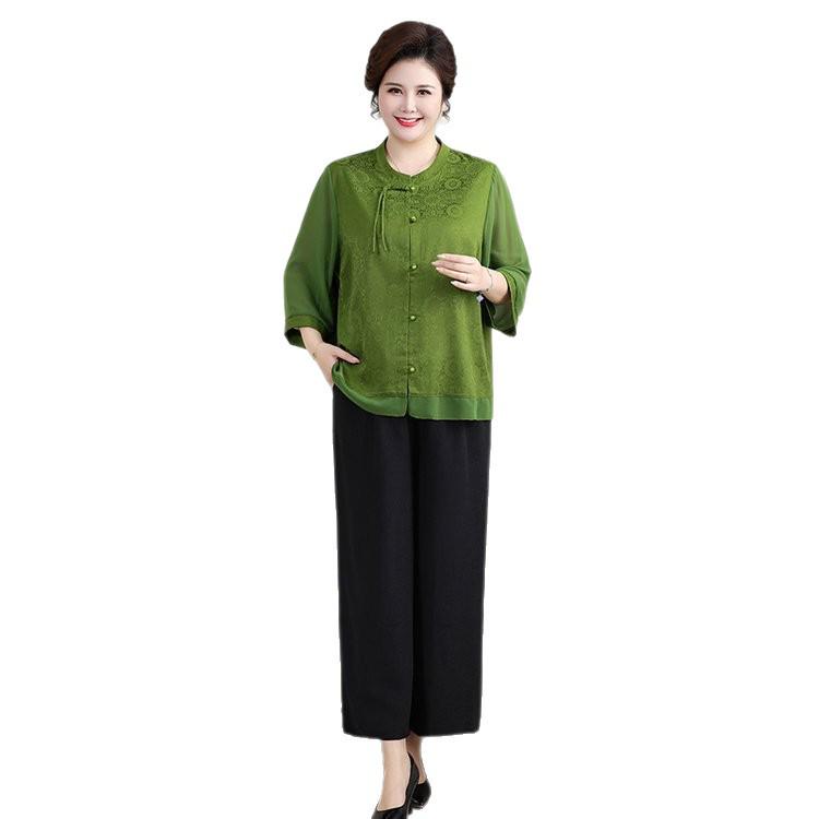 Chinese Style Plus Size Summer Set: 7-Sleeve Top & Wide-Leg Pants for Middle-Aged and Elderly Women