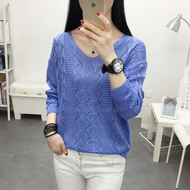 NaVaVa Nk1988 Simple Punching Thin Long SleeVe V Neck Knit Top