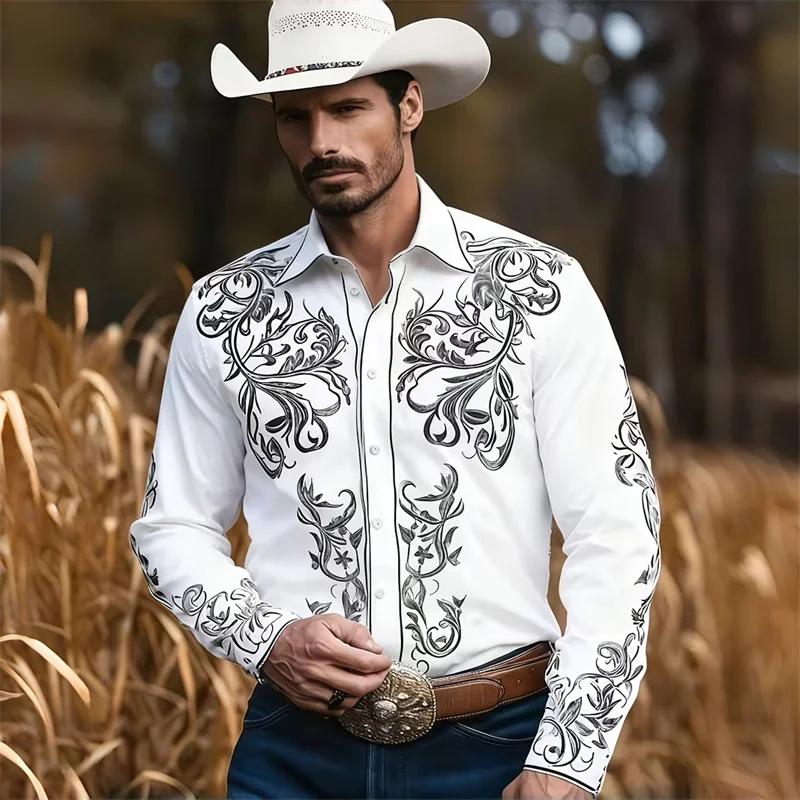 Chemise Western Décontractée en Denim pour Homme, Nouvelle Mode, Motif Imprimé 3D, Chemise Décontractée Rétro pour Vacances avec Boutons, Manches Longues Shi