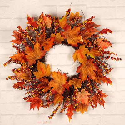 45cmAutumn Door Wreath Christmas Halloween Decoration Pumpkin Berry Pine Cone Maple Artificial Wreath Cloth Rattan Material Home