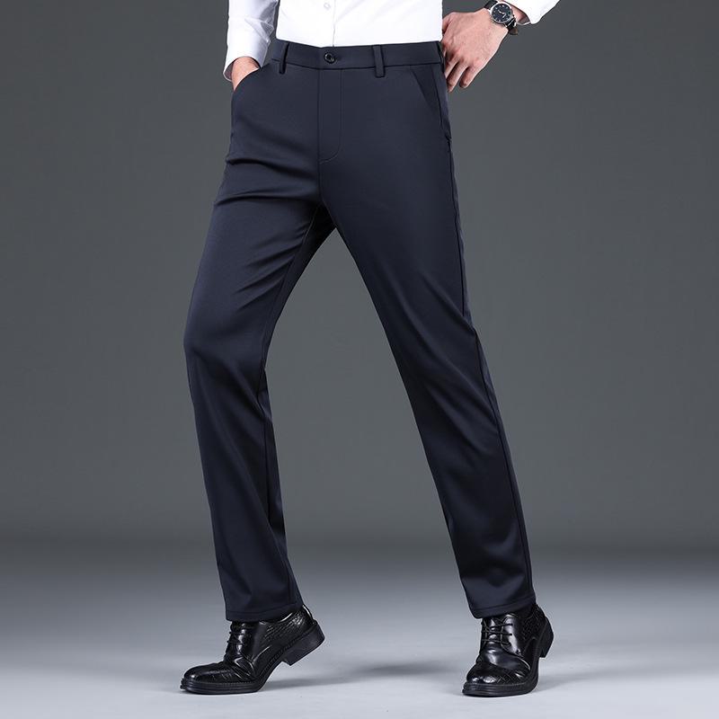 Men's Gray Anti-Wrinkle Elastic Wool Trousers - Thickened Straight Fit for Business, Autumn, and Winter Wear.