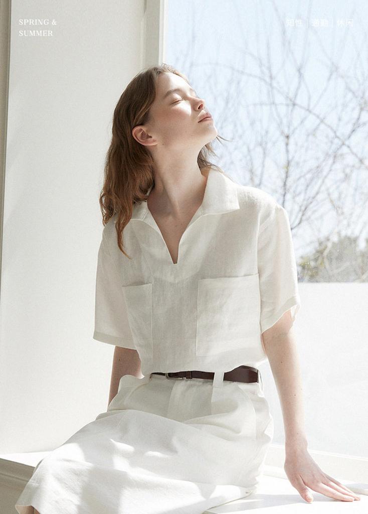 Linen shirt V-neck loose European and American women's high-end shirt summer wide version silhouette short-sleeved lapel top