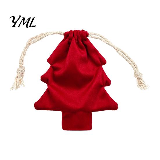 Reusable Fabric Gift Wraps Christmas Tree Shaped Bag, Drawstring Treat Goody Bags with Pompoms Decorative Xmas Accessories Bells, Winter Present