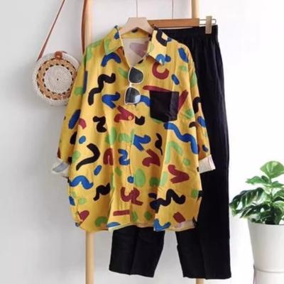 2 Pcs/Set Women Shirt Pants Set Colorful Print Lapel Long Sleeve Single-breasted Blouse Wide Leg Loose Elastic Waist Trousers Set Lady Casual Daily