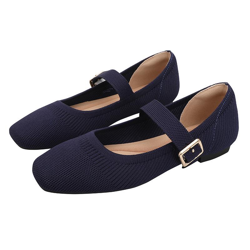 Spring and Autumn Flying Knitting One-word Buckle Belt Mary Jane Shoes Women's Knitting Square Head Flat Bottom Single Shoes Shallow Mouth Casual