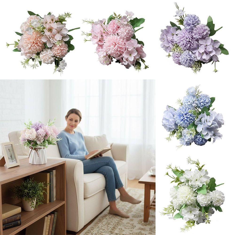 Multicolor Hydrangea Artificial Flowers Silk Petals Green Leaves Simulation Peony Dandelion Bouquet Photo Props DIY Accessories