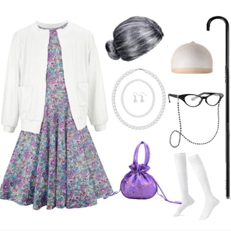 Baby Girl Celebrating 100th School Days Funny Cosplay Costumes Dress Granny Girl Cosplay Floral Old Lady Dress Up With Cane