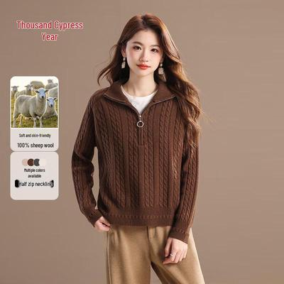 Damen Pullover 100% Wolle mit halbem Reißverschluss und Zopfmuster