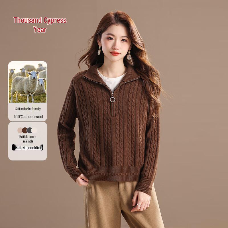 Women's 100% Merino Wool Half-Zip Cable Knit Sweater