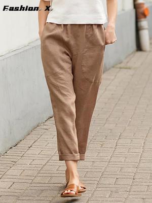 Pantaloni lungi de vară, subțiri, de culoare uni, pantaloni dublu cu buzunar Pantaloni largi Pantaloni de damă din bumbac și in