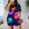 Women Plus Size Off Shoulder Short Sleeve Romper Abstract Geometric Graffiti Print Casual Jumpsuit Shorts