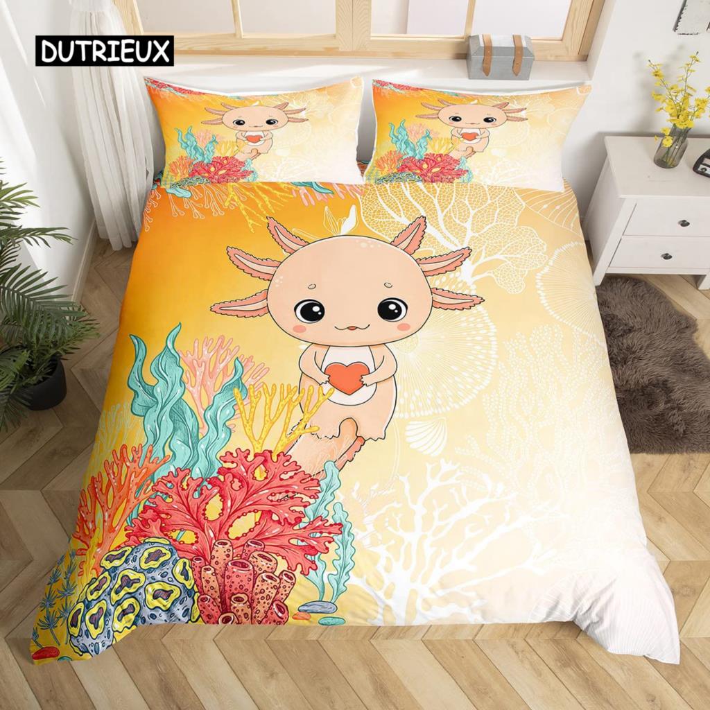 Axolotl Duvet Cover Set Pink Newt Wildlife Comforter Cover with Pillowcases Cartoon Octopus Animal Kawaii Style Twin Quilt Cover