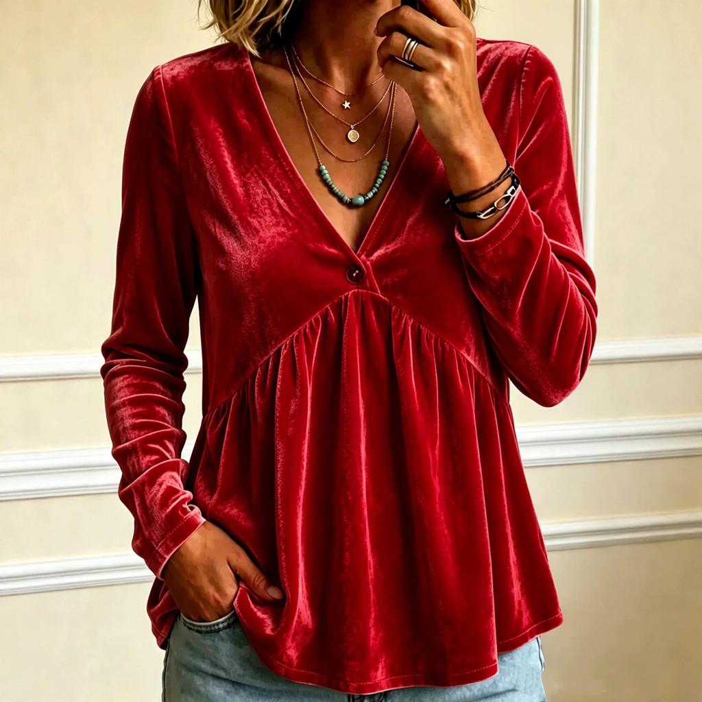 Women's Casual Color V-Neck Long Sleeve Loose Fit Pullover Top for Everyday Wear