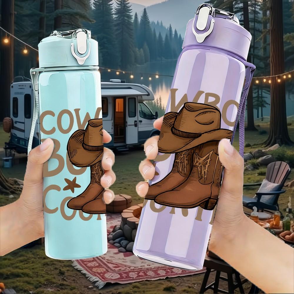 1PC Cowboy Boots Country Letter Print 750ml Color Plastic Sports Water Bottle Leakproof Flip Straw Lid Suitable for Sports Office Home Use