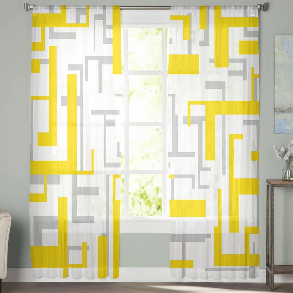 Art Geometry Žlutá Šedá Ložnice Průhledné Průsvitné Závěsy Sváteční dekorace Okno Voál Tyl Závěs