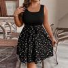 Women's Fashionable Casual Color Blocked Printed Sleeveless Waist Dress In Large Size