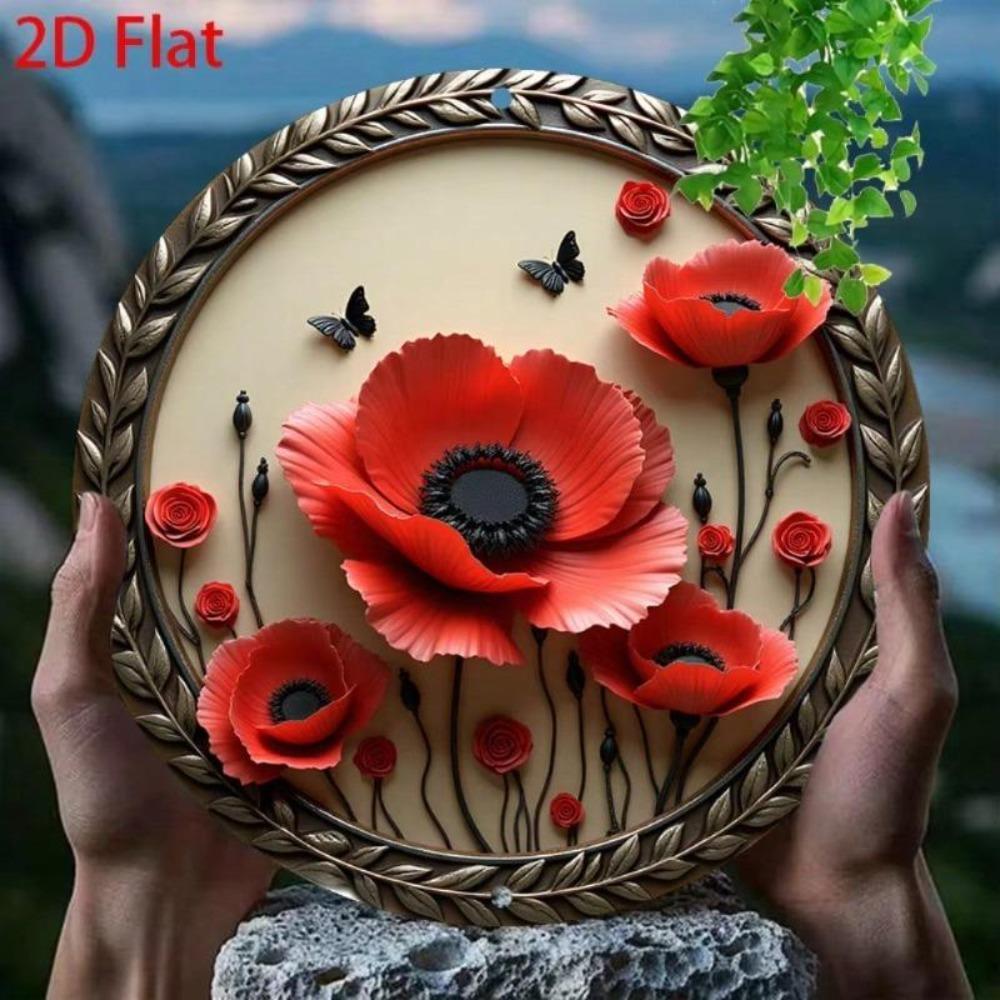 Vintage Cartoon Metal Tin Sign Wall Decor Red Poppies Black Butterflies Round Aluminum Plaque