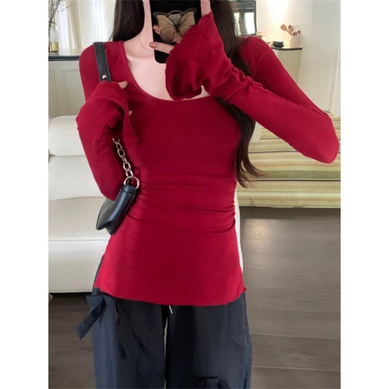 Echte Aufnahme großer Ausschnitt U-Ausschnitt langärmeliges T-Shirt Damen Herbst Slim-Fit Spice Girl eng anliegendes Taillentop